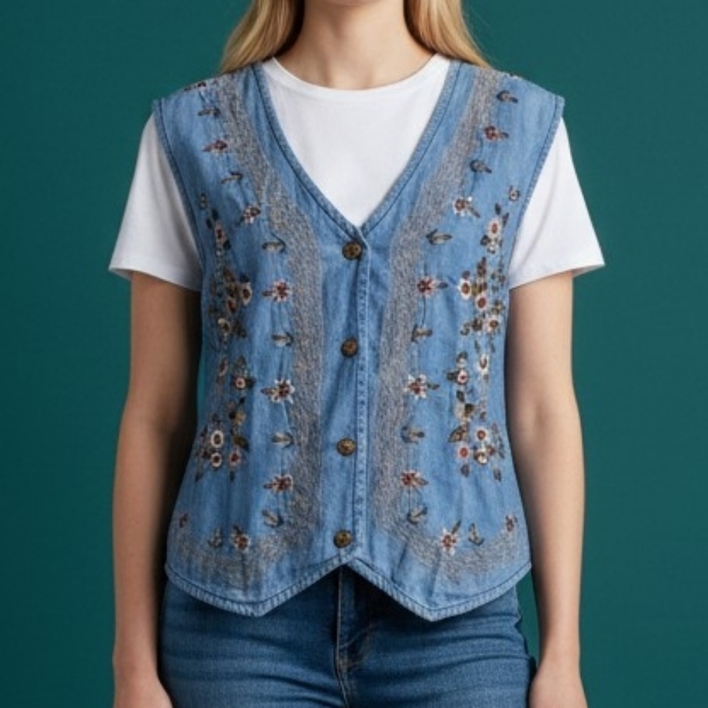 Vtg TANTRUM BLUES 1980s Cottage Floral Embroidered Chambray Waistcoat Vest